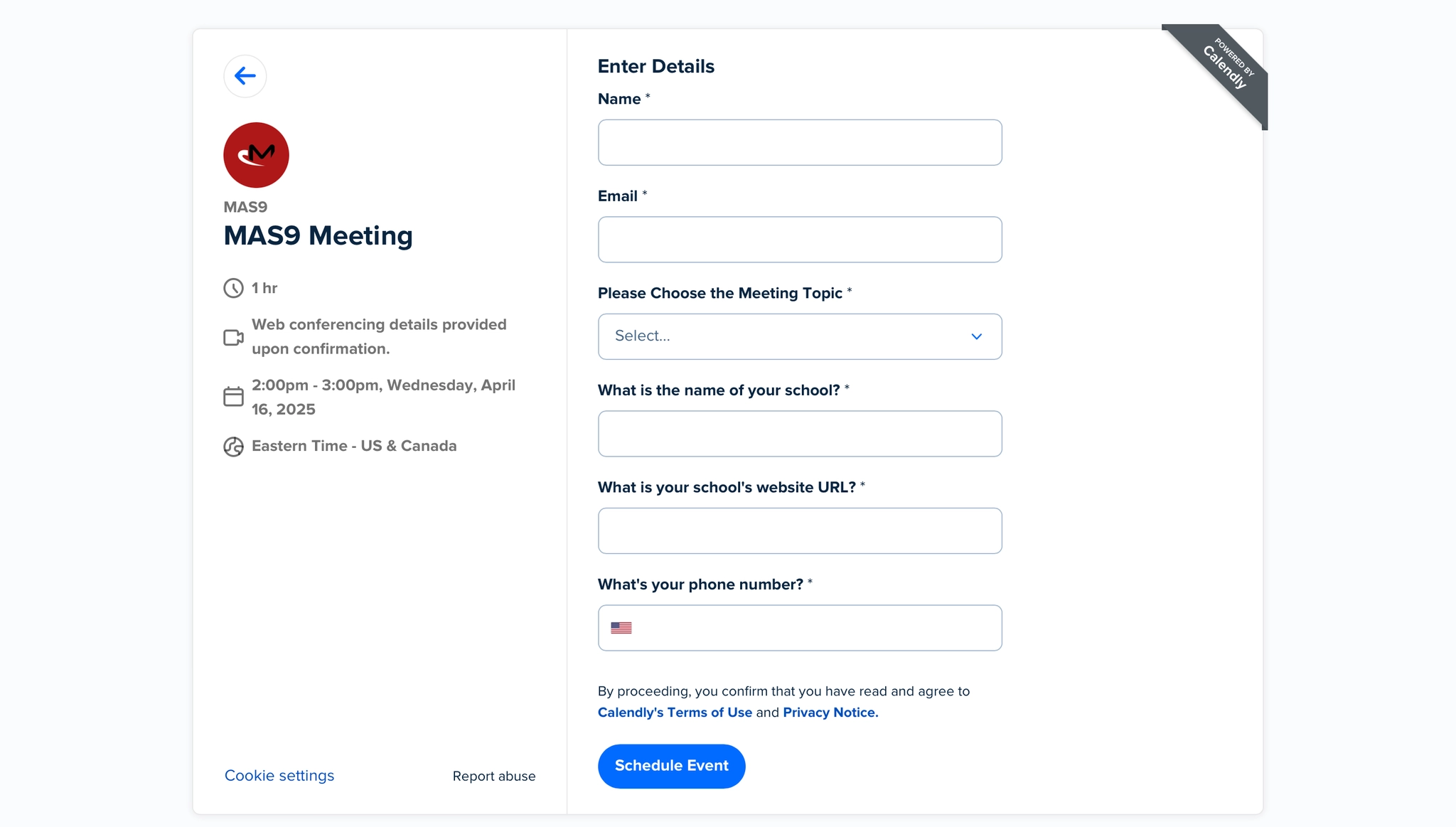 Calendly information form to complete the booking.