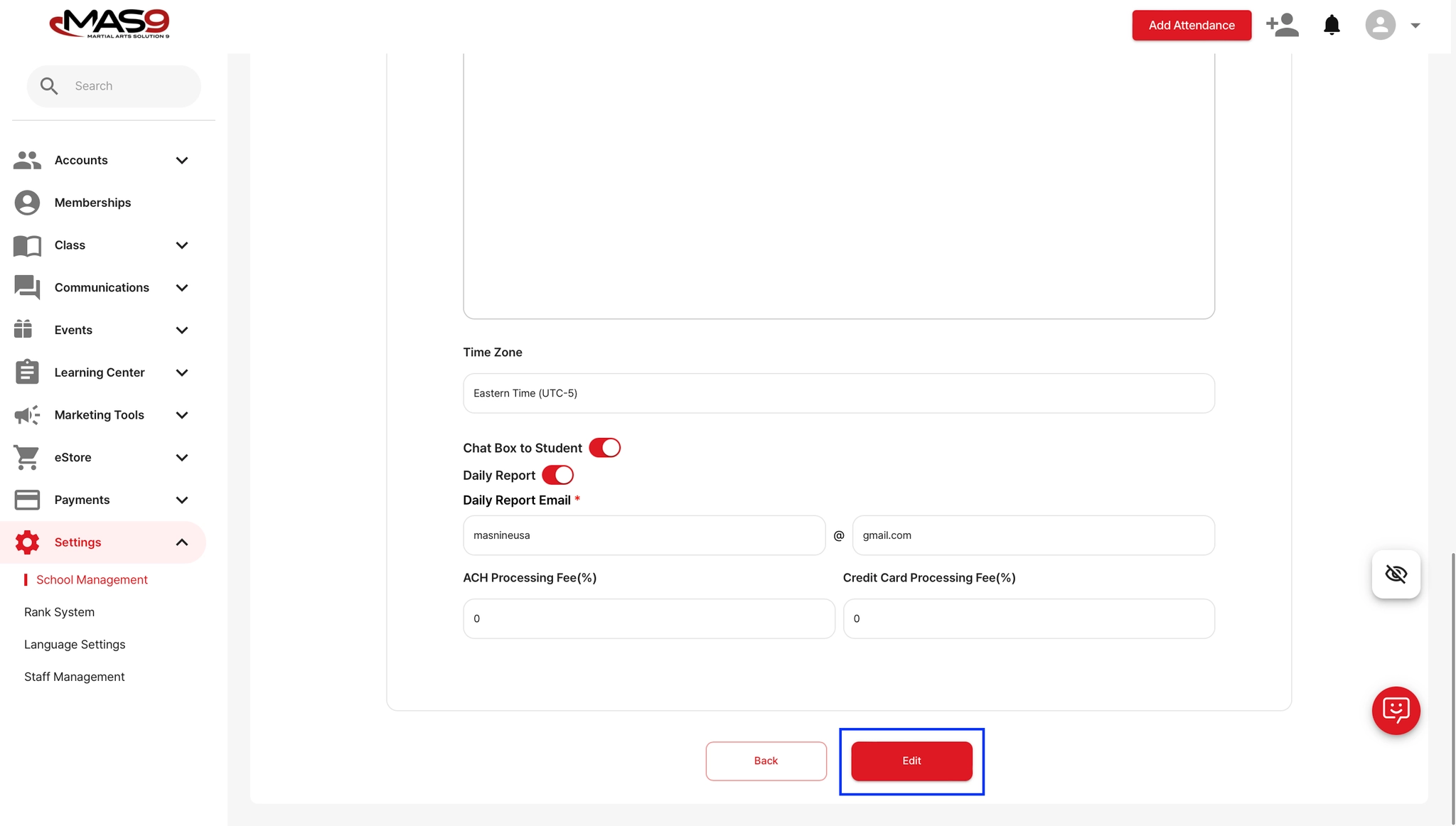 Screenshot of school management settings