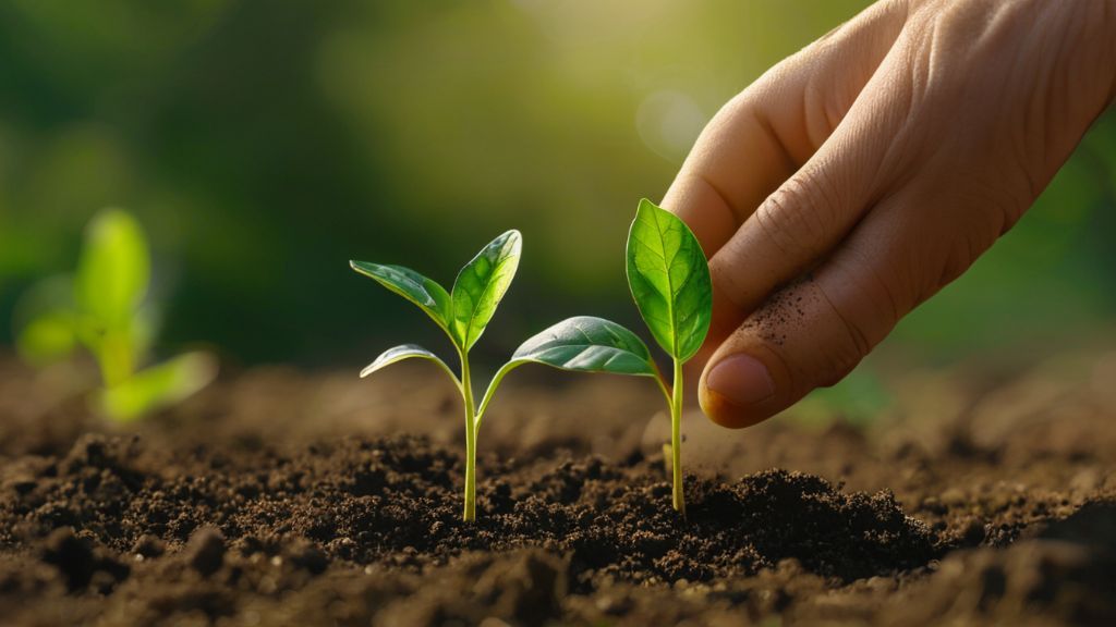 A hand planting a small seedling in fertile soil, symbolizing a new beginning and hope after difficulty.