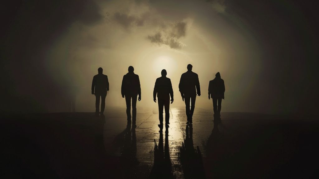 Silhouettes of people walking away from a single person standing alone, representing betrayal and abandonment.