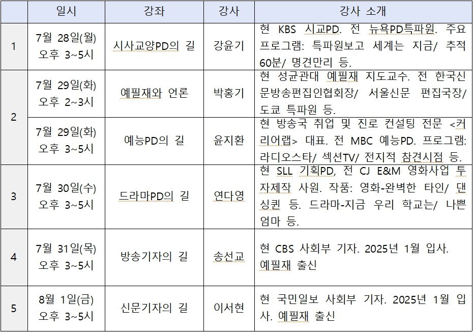 예필재 여름방학 특강 시간표