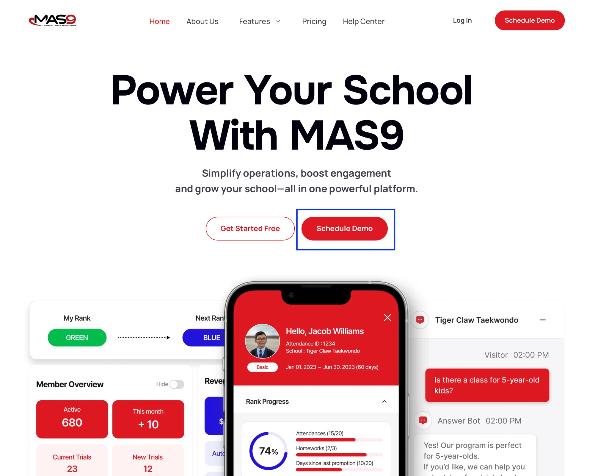 Screenshot of MAS9 homepage showing the Schedule Demo button highlighted.
