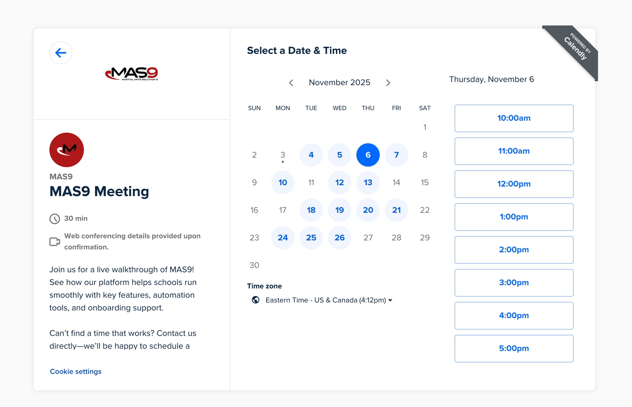 Calendly Date and Time selection screen.