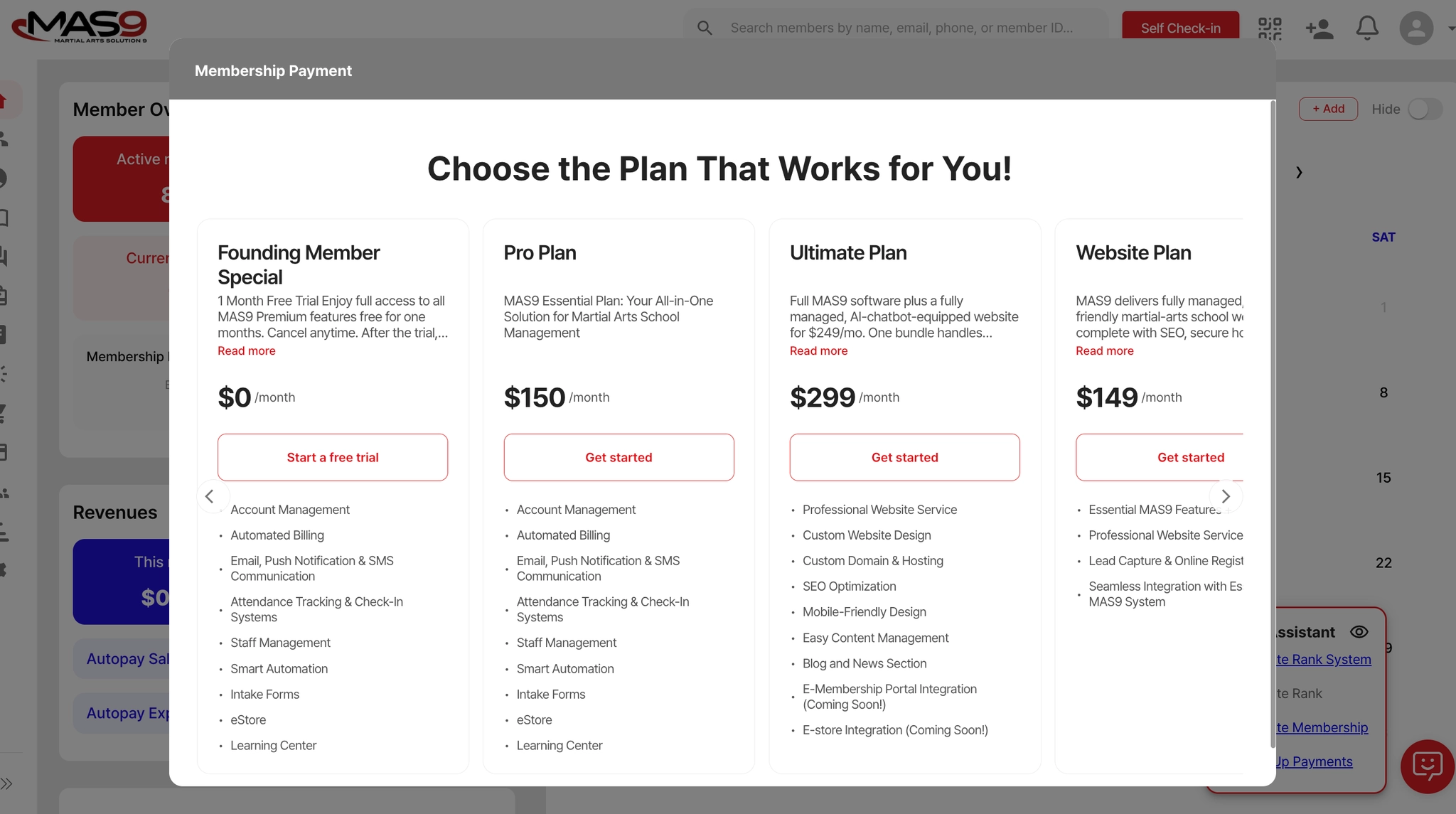 Plan selection screen with 'Start a free trial' button