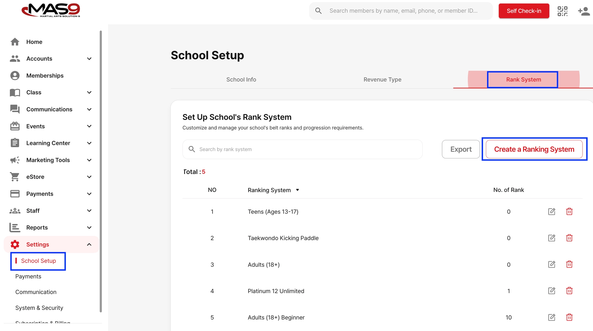 Rank system creation screen