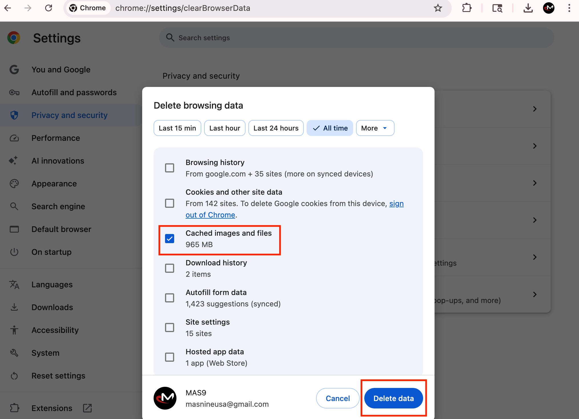 Delete browsing data window with Cached images and files checked