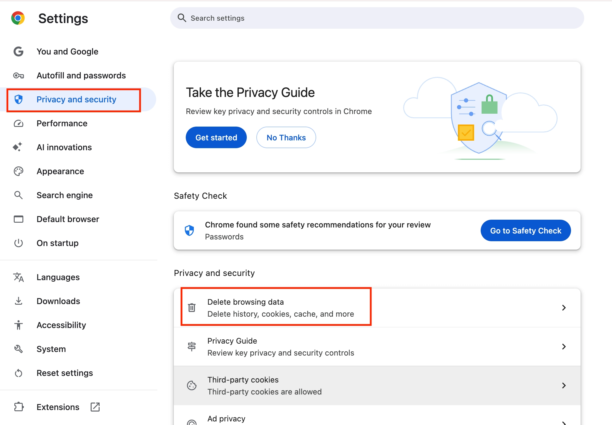 Chrome settings page highlighting Delete browsing data