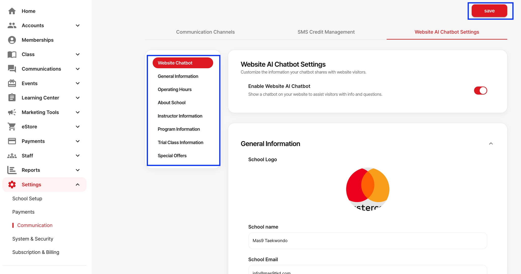 AI Chatbot configuration menu