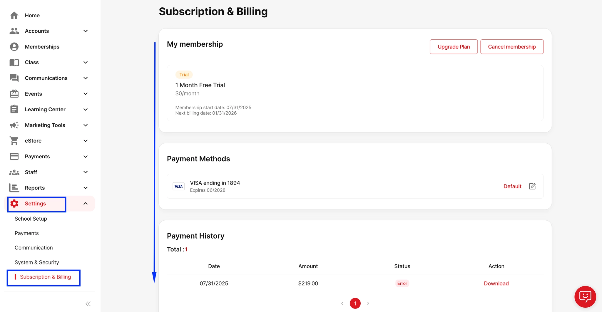 Subscription dashboard