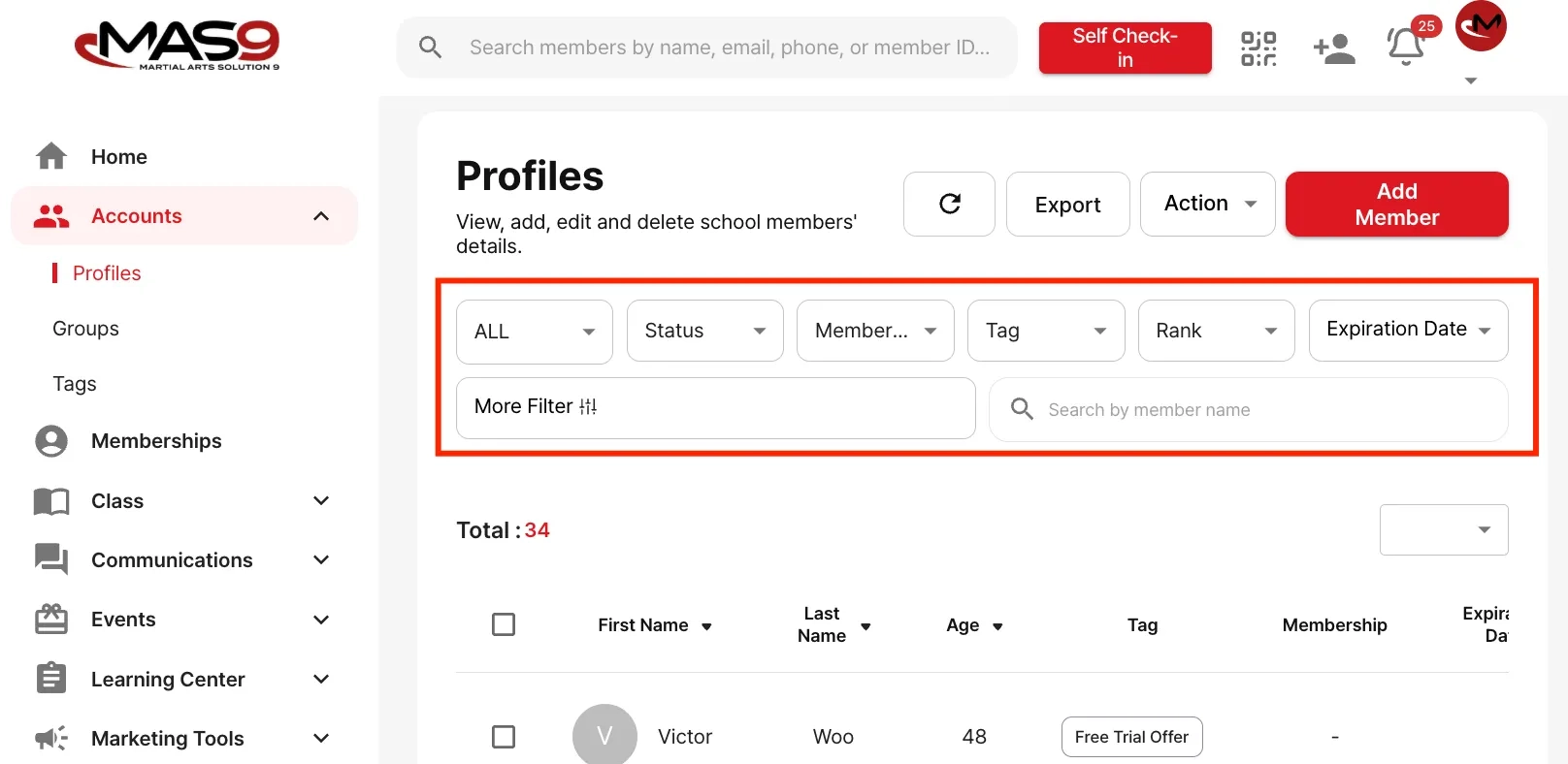 Filtering student profiles
