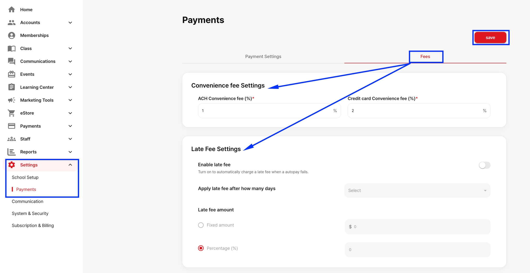 Payment fee configuration screen