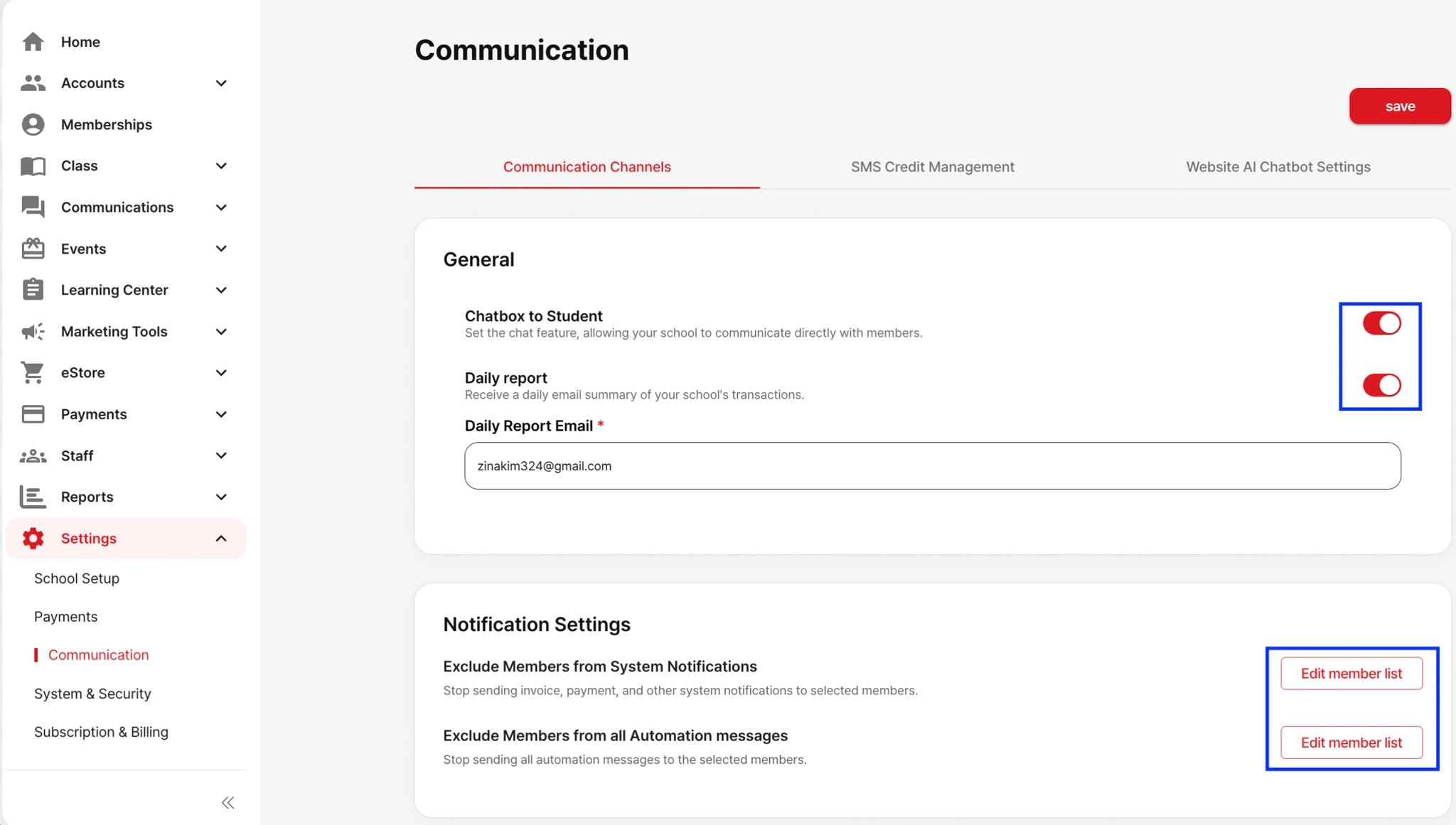 Communication channels toggles