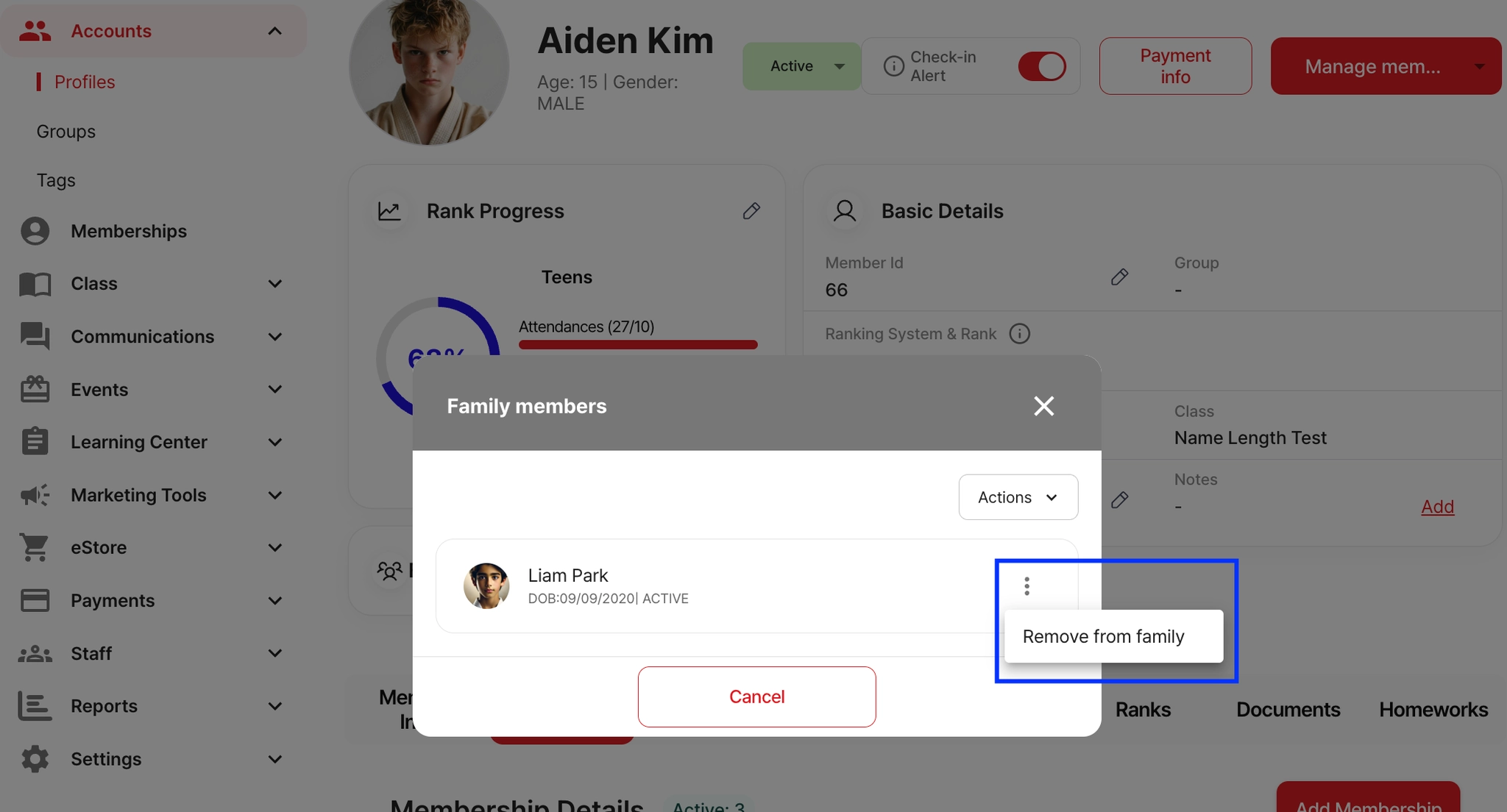 Removing a member from family menu