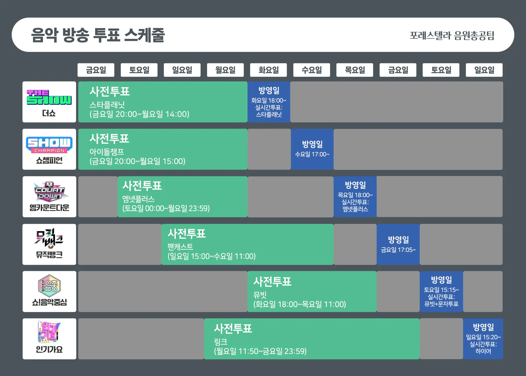 음악방송 스케줄