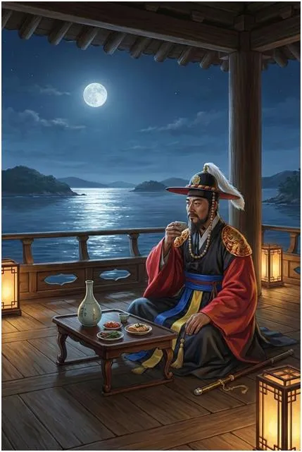 달 밝은 밤 수루에 홀로 앉아 과하주를 마시는 이순신 장군의 모습 [AI 제작]