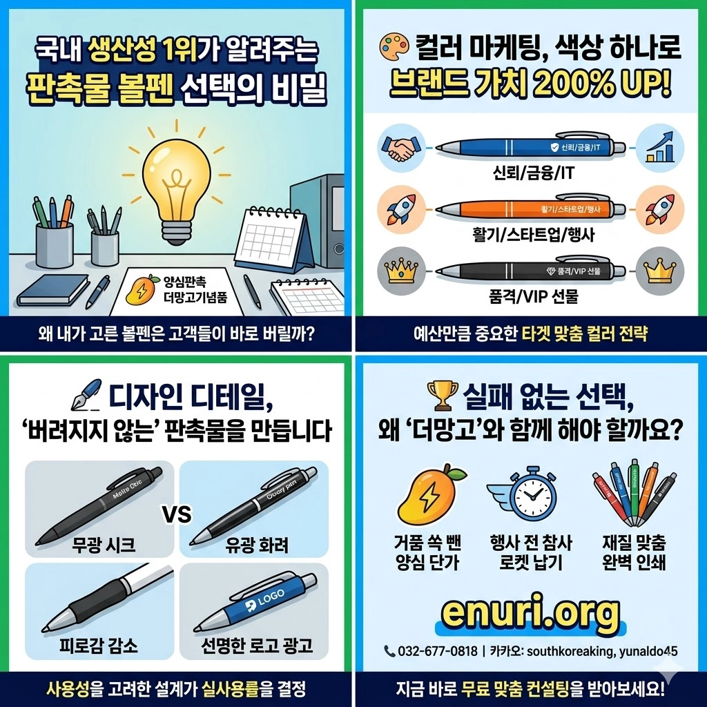 "4분할로 구성된 판촉물 볼펜 선택 가이드 카드뉴스 이미지입니다.
1컷(좌측 상단): '국내 생산성 1위가 알려주는 판촉물 볼펜 선택의 비밀' 제목과 함께 책상 위 전구 일러스트가 있습니다.
2컷(우측 상단): '컬러 마케팅, 색상 하나로 브랜드 가치 200% UP!' 제목 아래 파란색(신뢰/금융/IT), 주황색(활기/스타트업/행사), 검은색(품격/VIP 선물) 볼펜의 타겟 맞춤 전략을 소개합니다.
3컷(좌측 하단): '디자인 디테일, 버려지지 않는 판촉물을 만듭니다' 제목과 함께 무광 시크 vs 유광 화려, 피로감 감소 그립, 선명한 로고 광고 클립 등 디자인 요소를 비교합니다.
4컷(우측 하단): '왜 더망고와 함께 해야 할까요?'라는 문구 아래 거품 쏙 뺀 양심 단가, 행사 전 참사 막는 로켓 납기, 재질 맞춤 완벽 인쇄 장점을 설명합니다. 맨 아래에는 쇼핑몰 enuri.org 주소와 전화번호(032-677-0818), 카카오톡 상담 아이디(southkoreaking, yunaldo45)가 적혀 있습니다.”