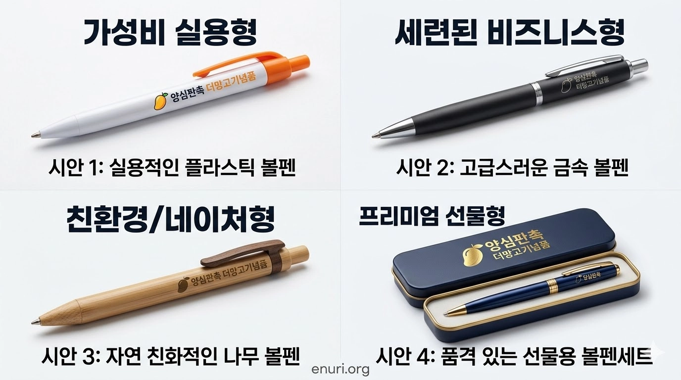 "양심판촉 더망고기념품 로고가 인쇄된 4가지 볼펜 판촉물 시안. 실용적인 플라스틱 볼펜, 고급 금속 볼펜, 친환경 나무 볼펜, 프리미엄 선물용 볼펜 세트 대량인쇄 예시 - enuri.org”