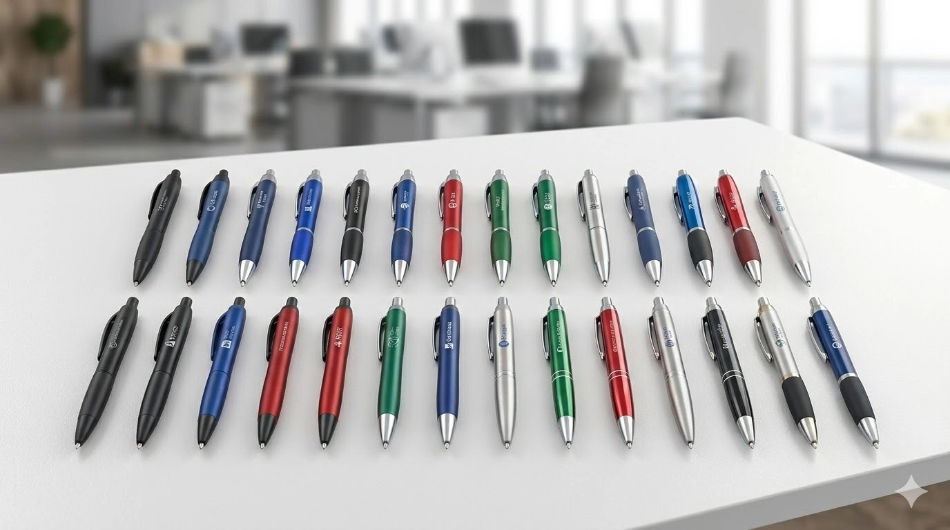 "양심판촉 더망고기프트의 다양한 색상과 디자인을 갖춘 볼펜 판촉물 20종 대량인쇄 예시. 기업 행사 및 관공서 홍보용 맞춤형 볼펜 제작 - enuri.org”