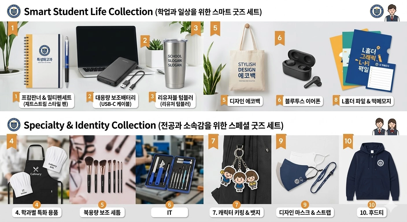 1. 플래너 & 멀티펜 세트: '특성화고' 텍스트와 엠블럼이 새겨진 다이어리형 플래너와 멀티펜 (제트스트림 스타일).
2. 대용량 보조배터리 (USB-C 케이블): 슬림한 블랙 대용량 보조배터리와 케이블.
3. 리유저블 텀블러 (리유저블 텀블러): 'SCHOOL SLOGAN SLOGAN' 텍스트가 새겨진 스테인리스 스틸 리유저블 텀블러.
5. 디자인 에코백: 'STYLISH DESIGN 에코백 VOCATIONAL HIGH COLLECTION' 텍스트가 새겨진 베이지색 에코백.
6. 블루투스 이어폰: 블랙 충전 케이스에 담긴 무선 블루투스 이어폰.
8. L홀더 파일 & 떡메모지: '그래픽 L홀더 파일' 텍스트와 다양한 색상의 L홀더 파일, 그리고 메모지 세트.
하단 배너는 **"Specialty & Identity Collection (전공과 소속감을 위한 스페셜 굿즈 세트)"**이라는 제목으로, 왼쪽 상단의 엠블럼과 오른쪽 상단의 교복 입은 학생 일러스트가 배치되어 있습니다. 이 배너에는 다음과 같은 제품들이 번호와 한국어 이름으로 진열되어 있습니다:
4. 학과별 특화 용품: 세 개의 하위 카테고리로 구성된 세트.
(조리/Culinary Arts): 엠블럼이 새겨진 조리 앞치마와 조리모 (앞치마에 'IT' 텍스트가 보임).
(미용/Beauty Arts): 엠블럼이 새겨진 고급 브러시 세트.
(IT): 엠블럼이 새겨진 정밀 도구 킷과 파우치.
7. 캐릭터 키링 & 뱃지: 가방에 달린 다양한 디자인의 캐릭터 키링과 뱃지.
9. 디자인 마스크 & 스트랩: 엠블럼이 새겨진 디자인 마스크와 전용 스트랩.
10. 후드티: 엠블럼이 새겨진 네이비색 후드티.