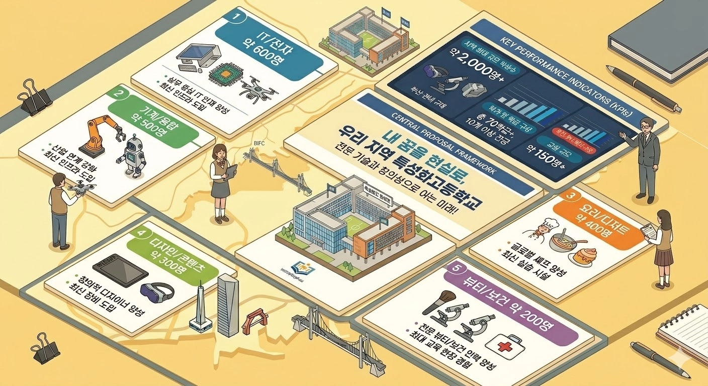 [특성화고 홍보] 부산 미래 특성화고등학교 취업 전문 인포그래픽: 전문 기술과 창의성으로 여는 미래! 내 꿈을 현실로!
핵심 정보: 부산 관내 최대 규모 특성화고등학교 (가칭: 부산 미래 특성화고등학교) 홍보를 위한 전문적인 3D 등각 인포그래픽. 중앙 제목은 "우리 지역 특성화고등학교, 전문 기술과 창의성으로 여는 미래! 내 꿈을 현실로!"입니다.
주요 성과 및 규모: KPIs 그래프를 통해 부산 관내 최대 규모임을 증명합니다 (학생 수 2,000명+, 교원 수 150명+, 다양한 전공 학과 구성 (70+ 학급, 10+ 전공), 성과 지표 포함).
5개 유망 학과 상세 정보:
[IT/전자] (약 600명): 실무 중심 IT 인재 양성, 최신 인프라. (아이콘: PC, 칩, 드론).
[기계/융합] (약 500명): 산업 연계 강화, 최신 인프라. (아이콘: 로봇 팔, 로봇).
[요리/디저트] (약 400명): 글로벌 셰프 양성, 최신 실습 시설. (아이콘: 셰프, 케이크).
[디자인/콘텐츠] (약 300명): 창의적 디자이너 양성, 최신 장비. (아이콘: VR 헤드셋, 펜 태블릿).
[뷰티/보건] (약 200명): 전문 뷰티/보건 인력 양성, 최다 교육 현장 경험. (아이콘: 브러시, 현미경, 구급 상자).
배경 및 분위기: 부산 지도 (BIFC, 광안대교 등)를 배경으로 학교 건물과 학생, 교사 피규어가 배치되어 있습니다. 주변에는 비즈니스 도구들(바인더 클립, 펜, 노트북 등)이 놓여 전문적인 제안서 분위기를 풍깁니다.
클릭 유도 메시지: 고등학생 진로 고민 해결, 실습 중심 직업 교육, 취업 경쟁력 강화 솔루션. 전문 기술 습득을 통한 성공적인 취업 로드맵 제시. 전문적인 3D 일러스트 디자인.