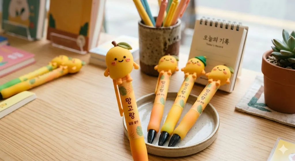 '망고랑' 캐릭터가 달린 노란색 실리콘 펜 굿즈 세트와 '오늘의 기록' 미니 달력이 있는 따뜻한 감성의 데스크테리어