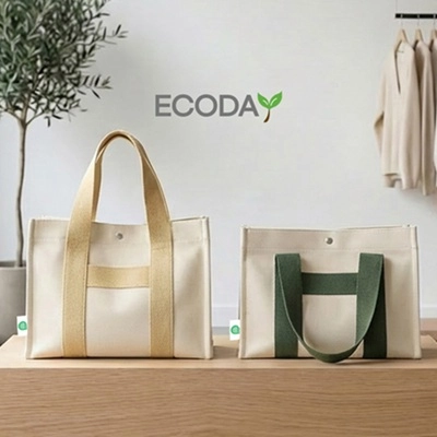 심판촉 더망고기프트 다즐 에코데이 친환경 에코백 - 베이지 및 그린 스트랩 배색의 프리미엄 ESG 캔버스 토트백