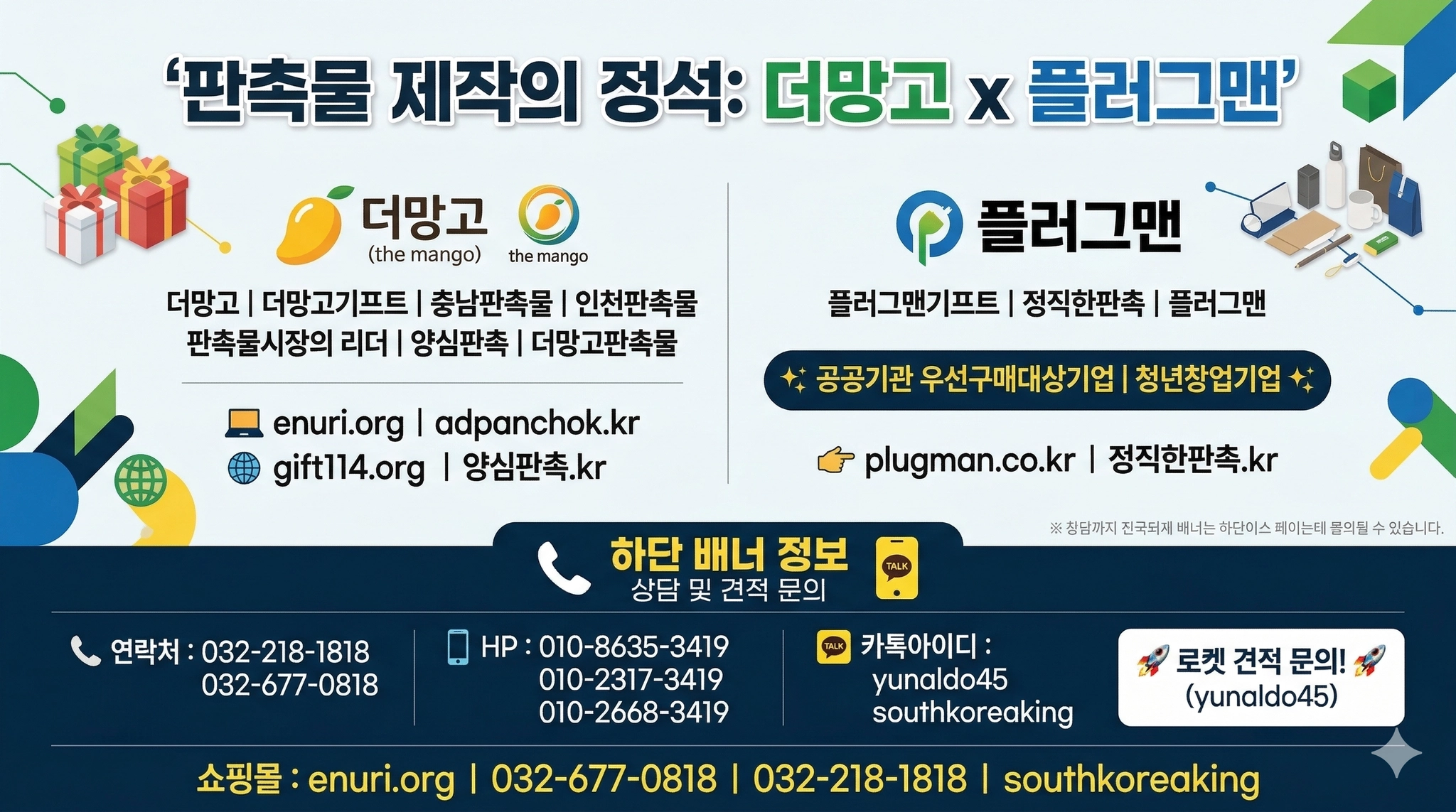 '판촉물 제작의 정석: 더망고 x 플러그맨' 협업 안내 배너입니다. 상단에는 두 회사의 협력을 알리는 타이틀이 있습니다. 왼쪽은 더망고 영역으로 망고 모양 로고와 '더망고 (the mango)' 텍스트가 있으며, '판촉물시장의 리더 | 양심판촉 | 더망고판촉물'로 소개하고 있습니다. 더망고, 더망고기프트, 충남판촉물, 인천판촉물 등의 지점명과 enuri.org, adpanchok.kr, gift114.org 등의 웹사이트 정보가 나열되어 있습니다. 오른쪽은 플러그맨 영역으로 P 모양 로고와 '플러그맨' 텍스트가 있으며, '◆ 공공기관 우선구매대상기업 | 청년창업기업 ◆' 강점 텍스트와 플러그맨기프트, 정직한판촉, 플러그맨 등의 브랜드명, 그리고 plugman.co.kr, 정직한판촉.kr 웹사이트 정보가 있습니다. 하단에는 '하단 배너 정보 상담 및 견적 문의' 제목 아래 통합 연락처 정보가 상세히 나열되어 있습니다. 연락처(032-218-1818, 032-677-0818), 휴대폰(010-8635-3419, 010-2317-3419, 010-2668-3419), 카톡 아이디(yunaldo45, southkoreaking), 그리고 로켓 아이콘과 함께 '로켓 견적 문의! (yunaldo45)' 정보가 포함되어 있습니다. 맨 하단에는 쇼핑몰 목록 '쇼핑몰 : enuri.org | 032-677-0818 | 032-218-1818 | southkoreaking'이 있습니다. 배너 배경은 밝은 파스텔 톤이며, 선물 상자와 기하학적 도형으로 장식되어 있습니다. 작은 문구 '※ 창단까지 전국되제 배너는 하단이스 레이네테 물의될 수 있습니다.'가 오른쪽 하단에 있습니다.