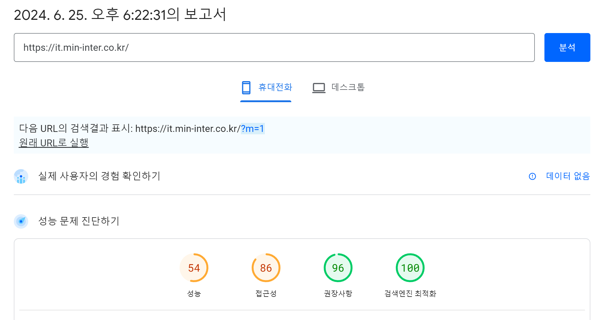 구글 웹페이지 속도 테스트 결과 - 모바일