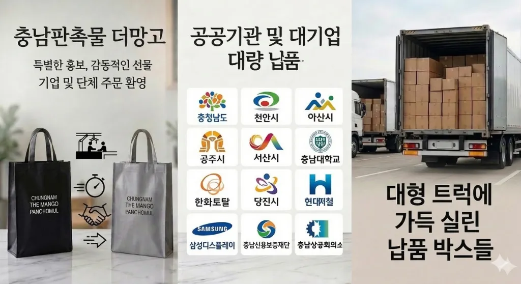 충남판촉물 더망고의 공공기관 및 대기업 대량 납품 사례. 충청남도, 아산시, 천안시, 삼성디스플레이 등 주요 기관 납품 실적과 대형 트럭 배송 현장 이미지.”