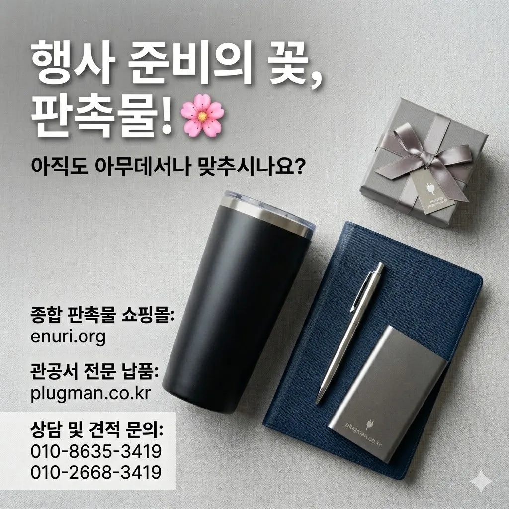 "관공서 우선 구매 대상 기업 플러그맨기프트와 종합 쇼핑몰 enuri.org의 연락처가 적힌 맞춤형 행사 판촉물 및 답례품 제안 카드뉴스 첫 화면.”