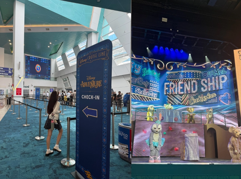 체크인하는 사람과 공연이 이루어 지고 있는 디즈니 크루즈