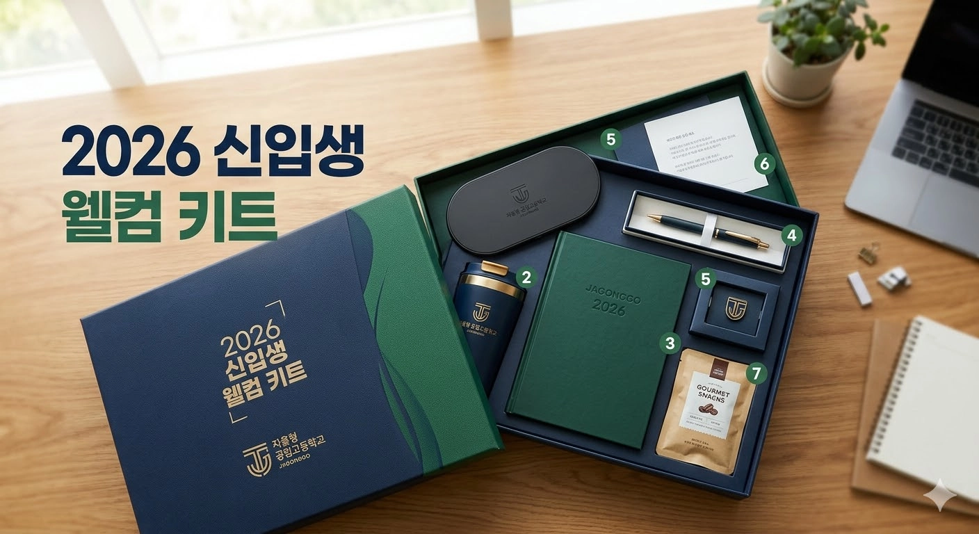 네이비와 그린 컬러의 고급스러운 자율형 공립고등학교 2026 신입생 웰컴 키트 박스와 구성품 세트 이미지