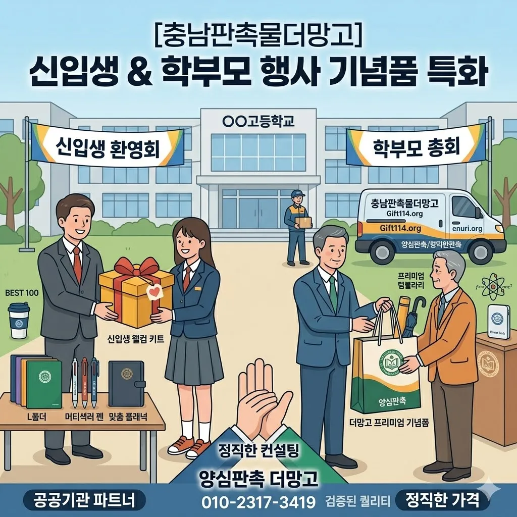 충남판촉물더망고의 학교 행사 기념품 특화 일러스트 포스터. 고등학교를 배경으로 선생님이 신입생에게 웰컴 키트를, 학부모가 프리미엄 기념품을 건네는 모습을 담고 있습니다. 다양한 판촉물 제품과 함께 로고 및 연락처가 기재되어 있습니다.