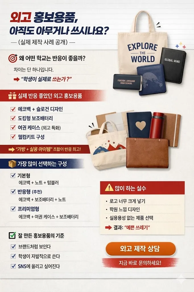 "외고 홍보용품 제작 시 '예쁜 쓰레기'를 피하는 법을 설명하는 인포그래픽. '모고 너무 크게 넣기', '학원 느낌 디자인' 금지 등 잘 만든 학교 기념품의 기준을 제시하는 배너 (정직한판촉 enuri.org)”