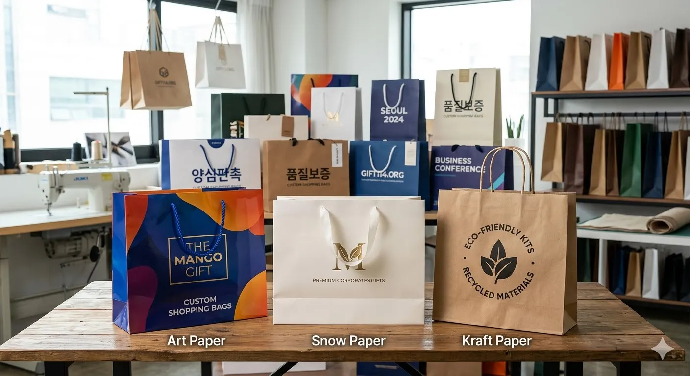 "더망고기프트 맞춤형 판촉 쇼핑백 제작 샘플 - 아트지, 스노우지, 크라프트지 재질별 비교 및 양심판촉, enuri.org 로고 인쇄 디자인”