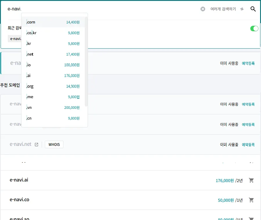 도메인 검색 결과