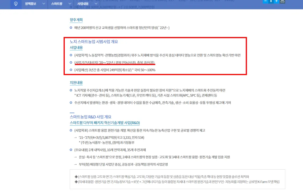 노지 스마트농업 시범사업 개요 (출처 : 농림축산식품부)